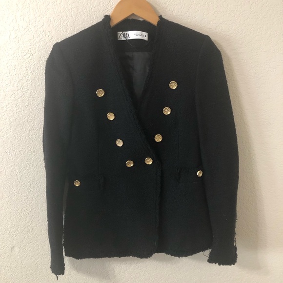 Zara Black Blazer Women's Gold Buttons Zara Black Tweed
